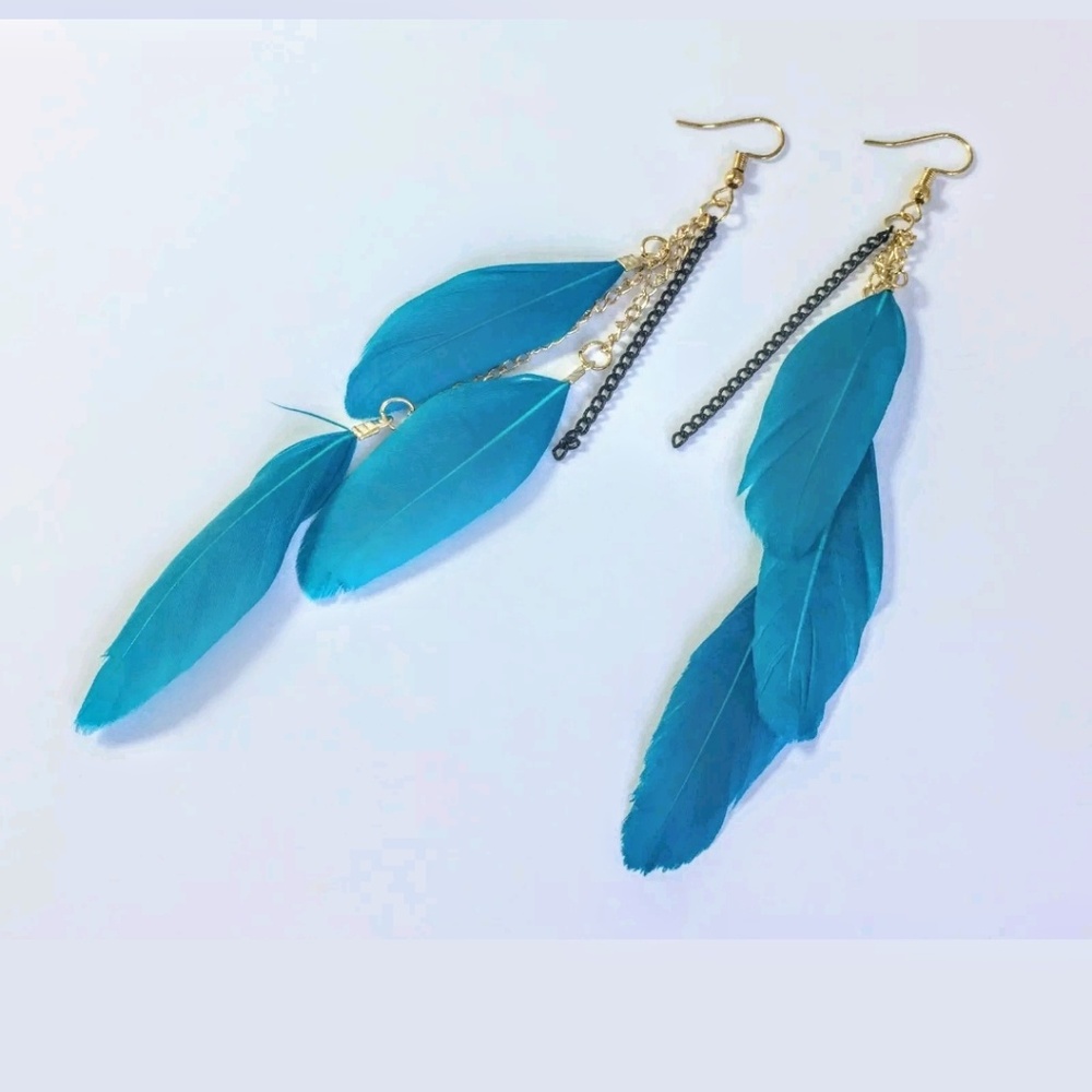 Blue feather dangle earrings! - Picture 2 of 3